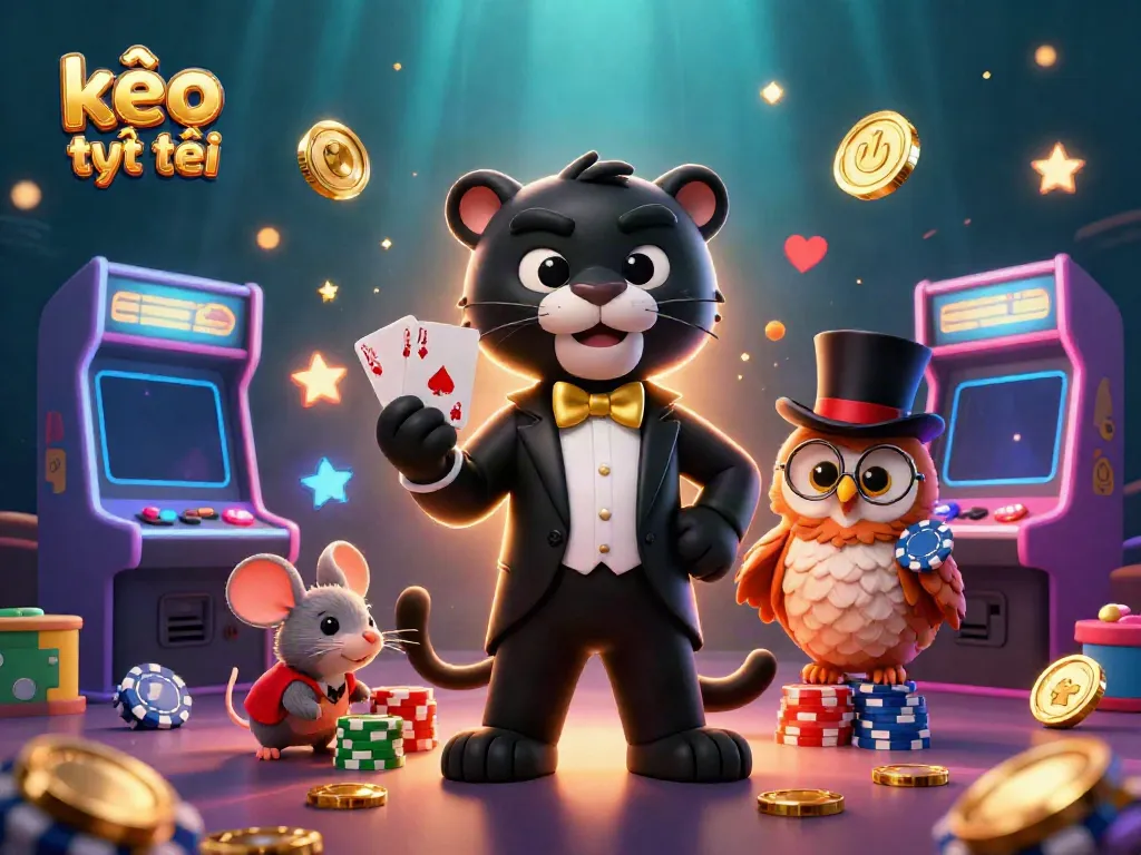 Engage with kèo trực tuyến through vibrant 3D casino characters dealing cards and holding poker chips.