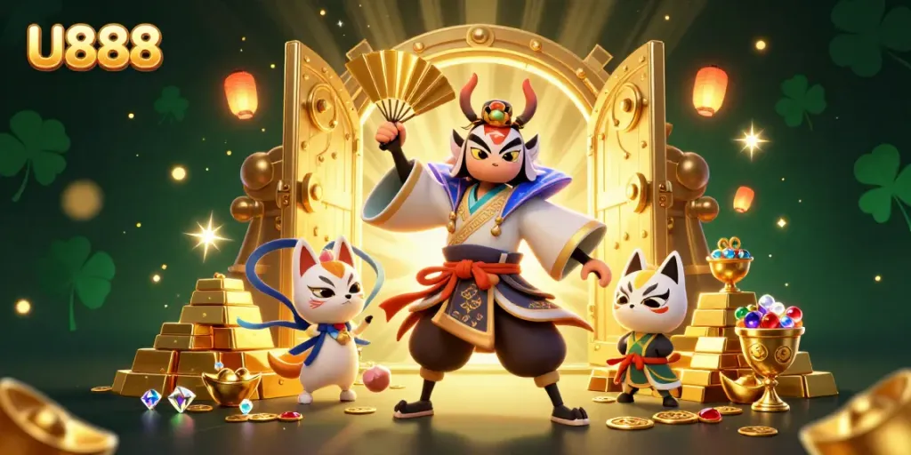 Experience U888's 3D casino adventure with kabuki warrior and treasures illuminating gameplay.