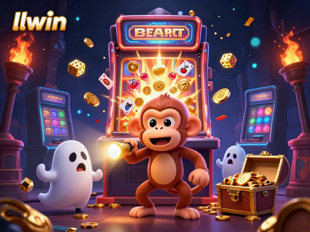 Experience llwin magic as a playful poltergeist monkey juggles golden casino treasures in a haunted backdrop.