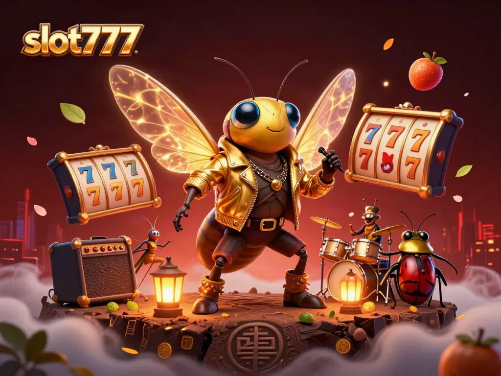Experience the excitement of slot777 with vibrant characters, golden reels, and lucky symbols in this captivating casino scene.