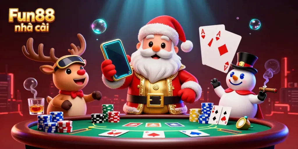 Engaging scene of Fun88 nhà cái depicted in a festive casino setting with Santa and friends gaming.