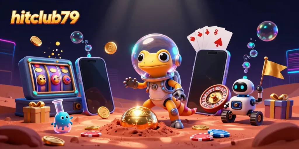 Play slots with hitclub79 in a vibrant Martian casino landscape filled with gold!
