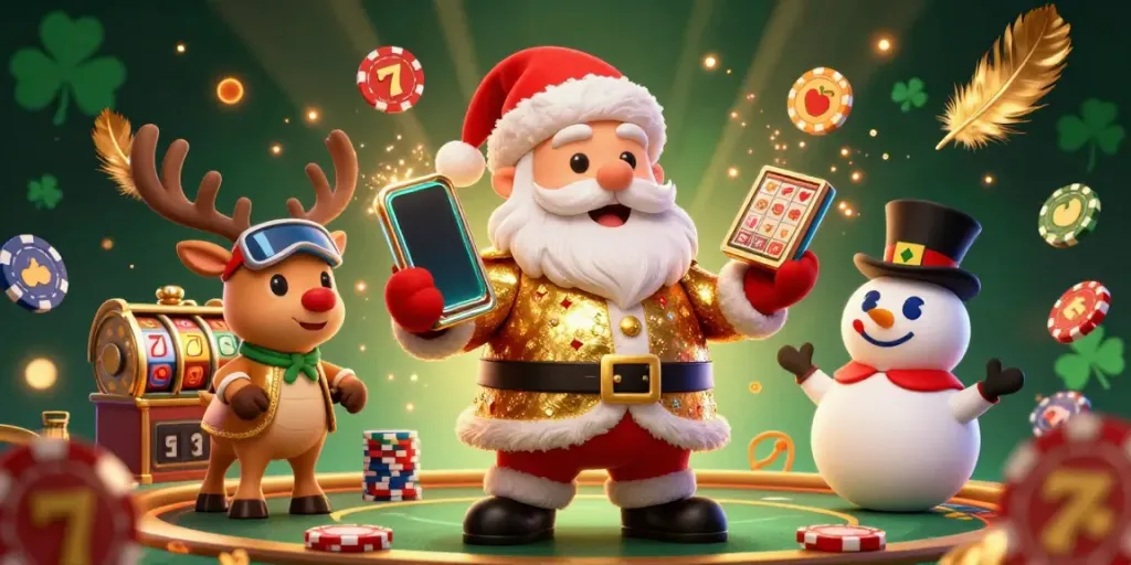 Shoot for wins with sao789 in a vibrant casino scene featuring Santa, a reindeer dealer, and a poker chip snowman.