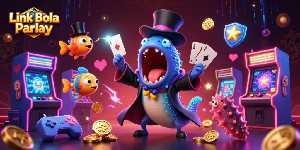 Engage with Link Bola Parlay featuring a magician eel, anglerfish, and gaming elements for exhilarating fun.