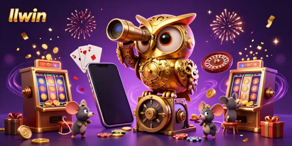 Experience the thrill of llwin at this vibrant casino scene featuring a clockwork owl and energetic slot games.