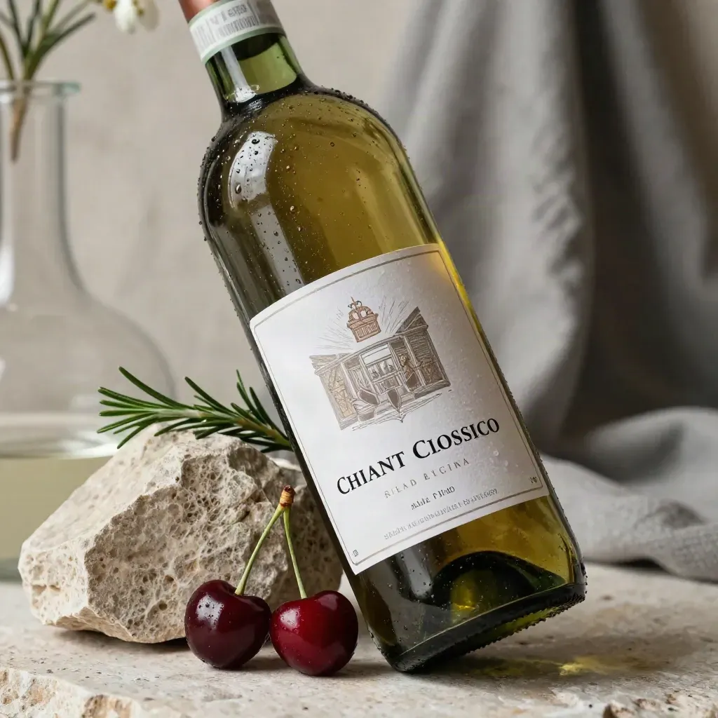 Bottiglia di Chianti con ciliegie, rosmarino e pietra in luce soffusa.