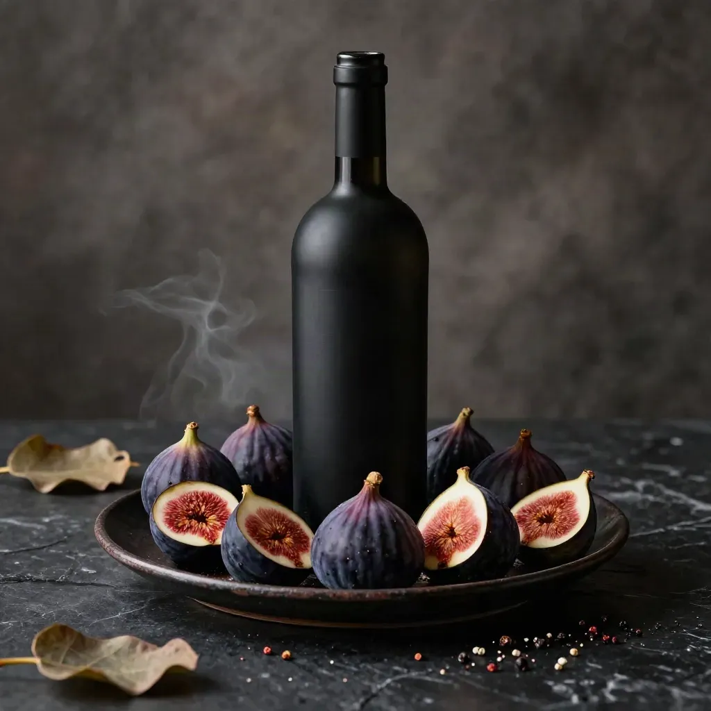 Bottiglia di Nero d’Avola con fichi neri e pepe su superficie nera in luce drammatica.