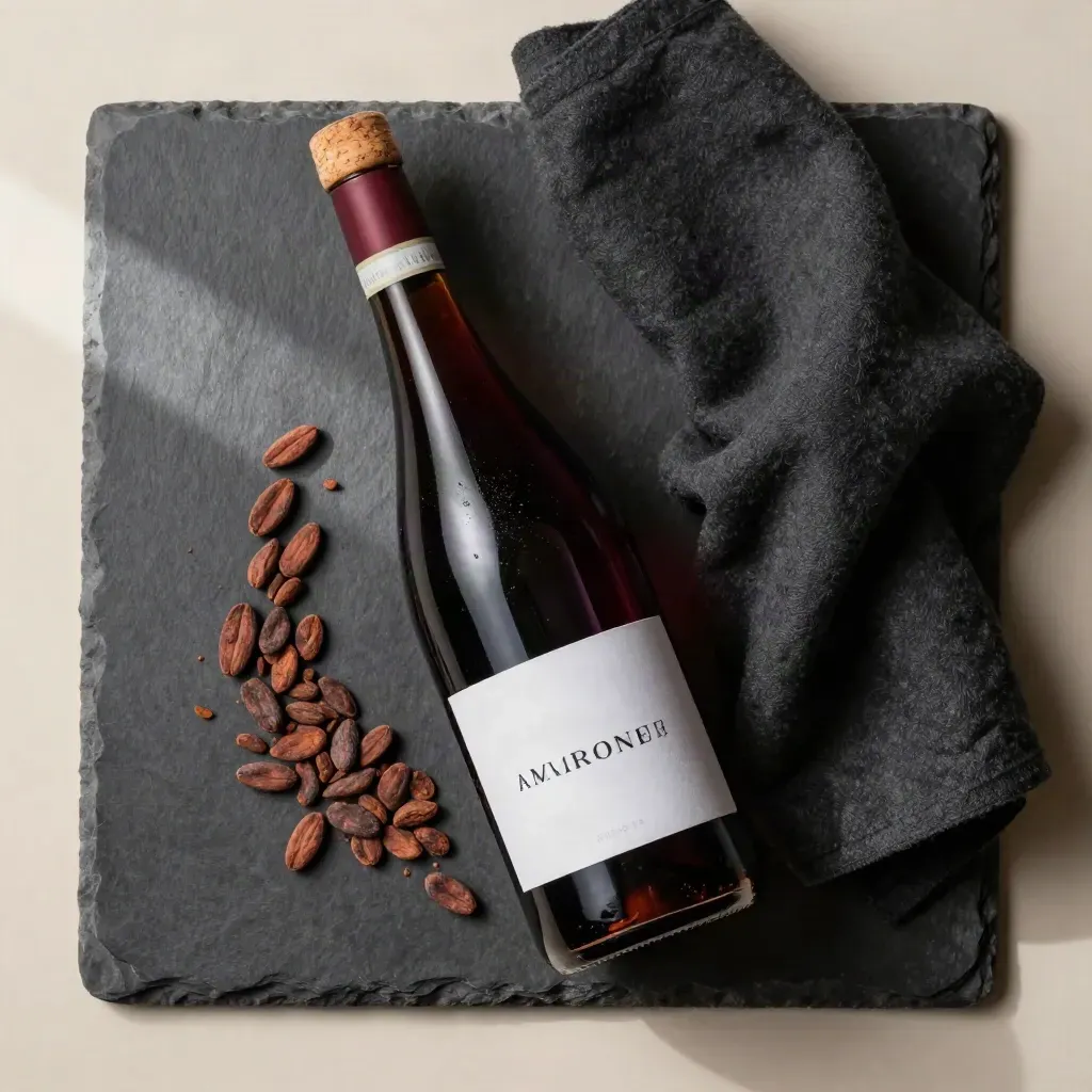 Bottiglia di Amarone senza etichetta con chicchi di cacao, tappo e lana su ardesia scura.