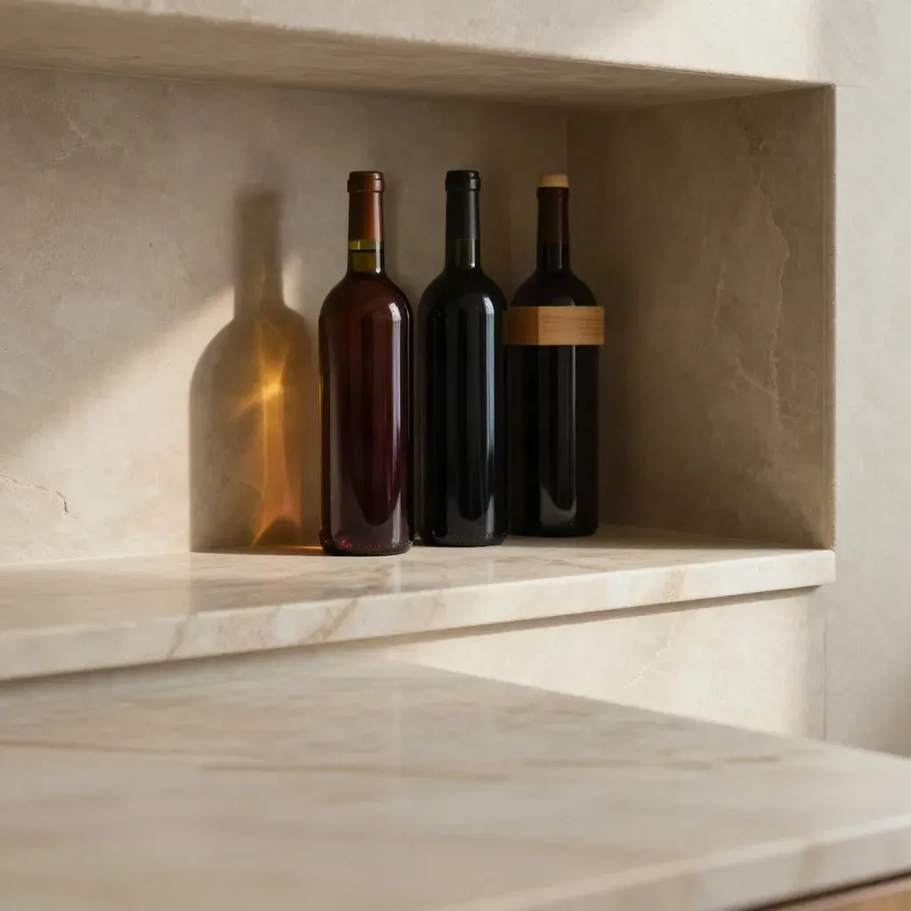 Mensola in marmo con bottiglie di vino sfocate in alto e ampio spazio neutro per il titolo.