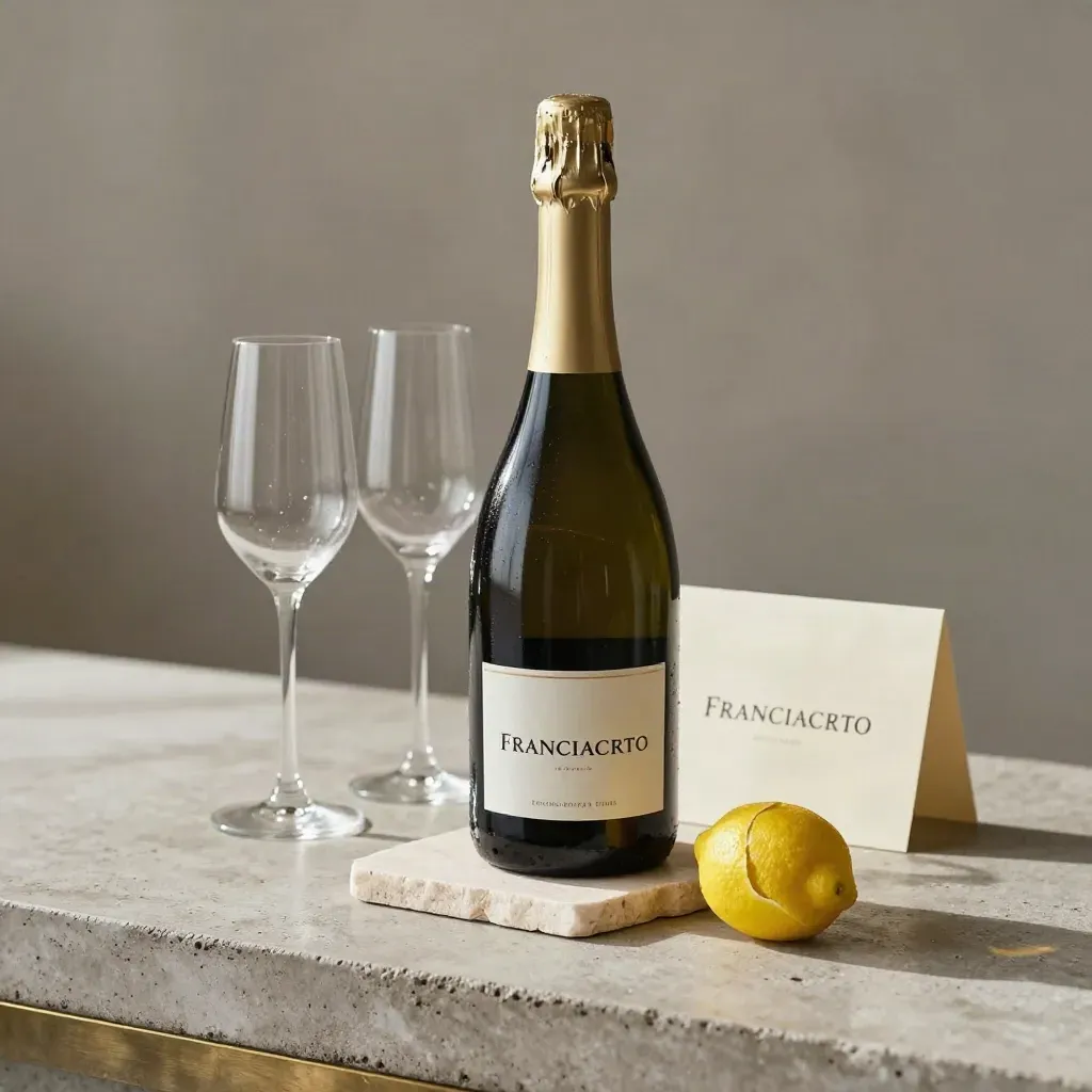 Bottiglia di Franciacorta con due flute, scorza di limone e card chiara su pietra