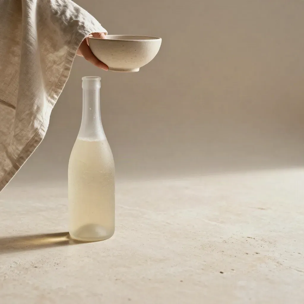 Superficie in pietra chiara con caraffa, lino e ciotola ceramica in luce soffusa