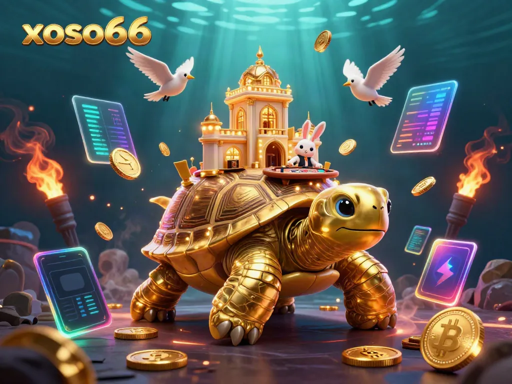 Experience the exciting dynamics of xoso66 with a golden tortoise casino, rabbit dealer, and flying coins in 3D.