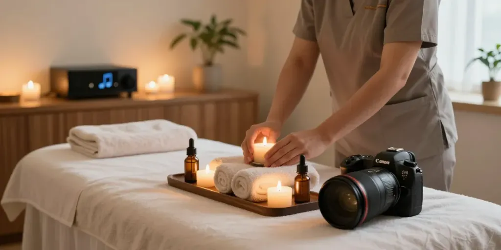 Relaxing 강서구출장안마 spa scene with soothing ambiance and essential oils.