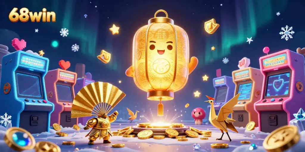 Engage in gaming excitement with 68win as a golden lantern spirit and warriors set the casino scene.