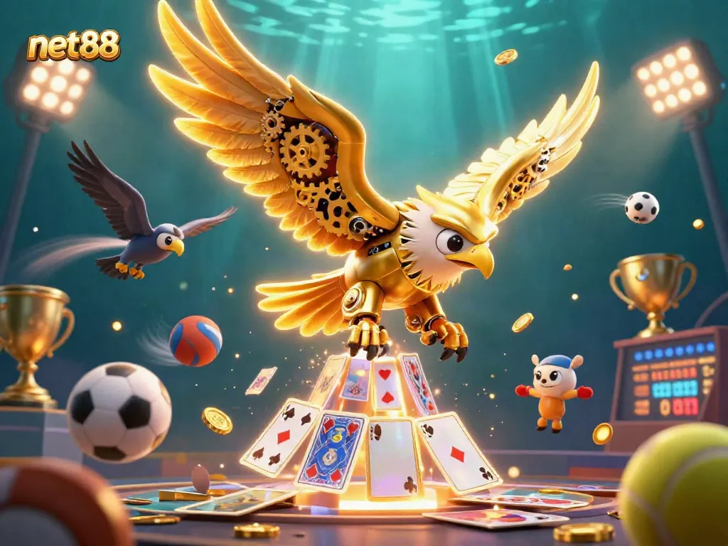 Win big with net88 sports betting featuring a 3D golden eagle and dynamic gaming elements.